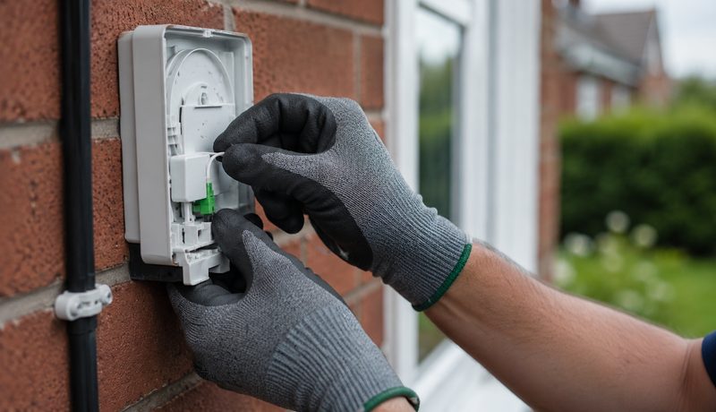 Technician installing a fibre termination box on a home wall